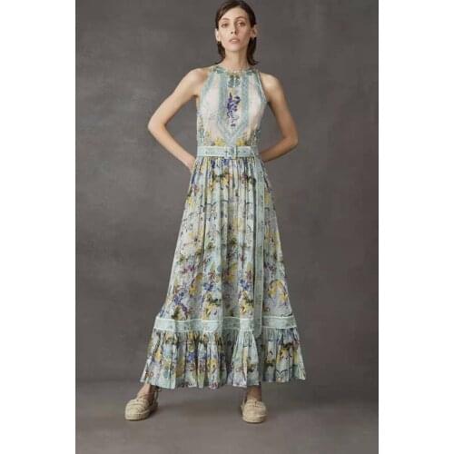 Chao brand 2021 spring and summer fashion foreign style round neck sleeveless bandage waist small fresh printing dress long