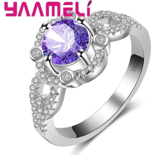 Round Cubic Zirconia 925 Sterling Silver Ring Colorful Wave Shape Embellishment Crystal Christmas Surprise Gift Women