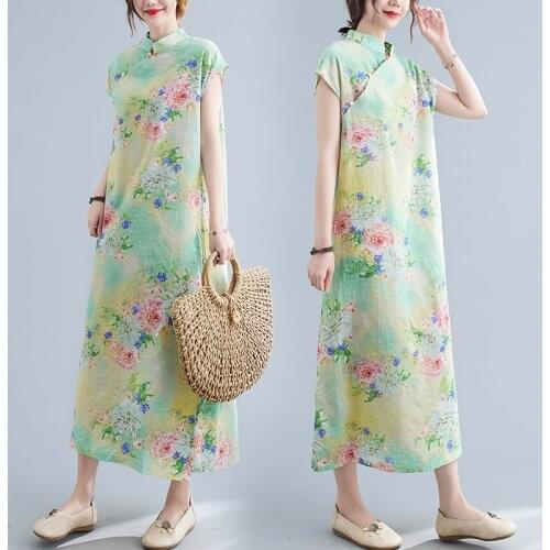 Chinese Style Dress cheongsam Robes 2021 New Arrival Thin Soft Cotton Linen Beading Loose Summer Dress Women Travel Casual Dress