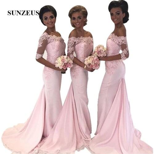 2019 Pink Chiffon Bridesmaids Dresses Off Shoulder Half Sleeves Mermaid Maid Of Honor Dresses Appliques Wedding Party Gowns Long