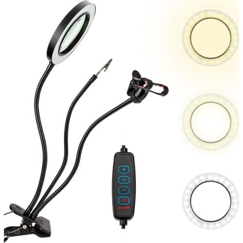 10X Illuminated Magnifier Foldable USB 3 Colors LED Magnifying Glass for Soldering Iron Repair Table Lamp Skincare Beauty Tool