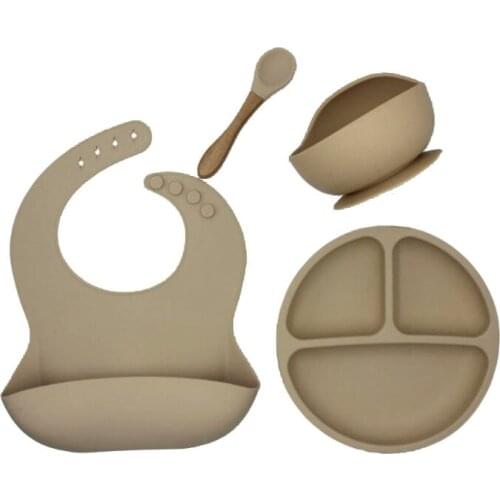 4pcs/set BPA Free Baby Silicone Tableware Waterproof Bib Solid Color Dinner Plate Sucker Bowl And Spoon For Children D0AF