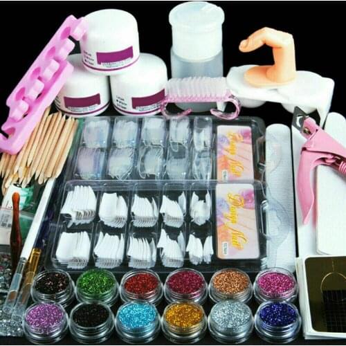 Acrylic Powder Nail Art Tool Starter Kit Nails Tips Brush File Form DIY Kit For Beginners Nail Glitter Powder Manicure Full Set