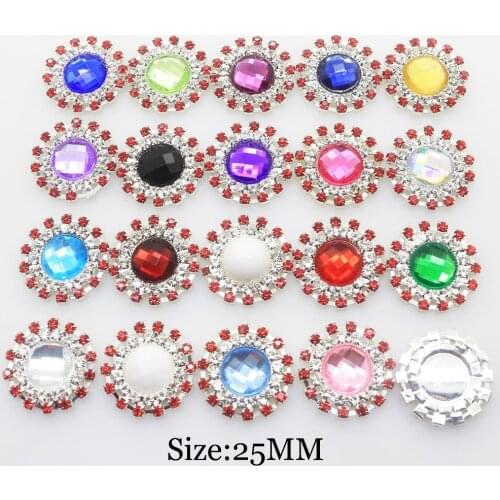 LkeRan 25MM 10pcs/lot Different colors Acrylic Round Rhinestone Buttons Flat Back Embellishment Brooch for Silver
