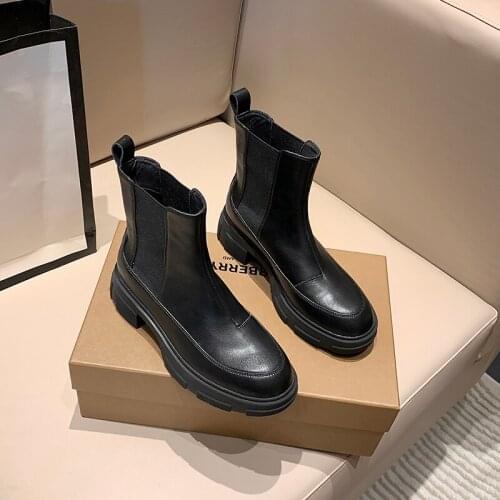 Osunlina Chelsea Boots For Woman Round Toe Square Heels Genuine Leather Mid-Calf Boots Handmade Comfortable Leisure Slip-on Shoe