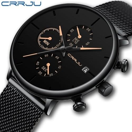 CRRJU Watch 2268 High Quality Business Quartz Wrist Watch Stainless Steel Mesh Strap Mens Casual Date Watches Men Wrist