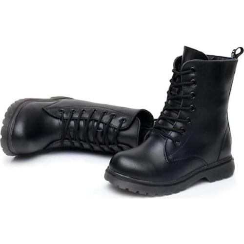 British style Children Motorcycle boots Genuine leather Boys Girls Military boots Autumn Winter Plush Snow boots Kids shoes 07A