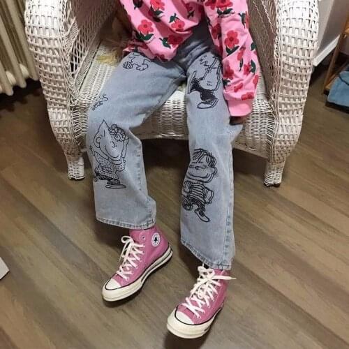 Cartoon Printed Straight High Waist Jeans Womens Large Size Street Loose Wide Leg Pants Women Vogue Workwear Jeans Women New