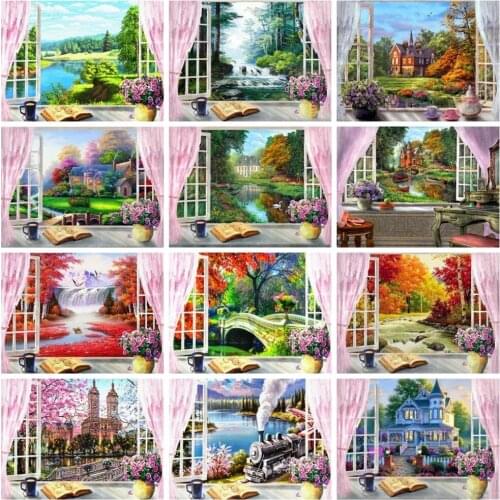 FIYO 5D DIY Diamond Painting Window Scenery Mosaic House Landscape Embroidery Cross Stitch Natural Tree City Home Decor Gift