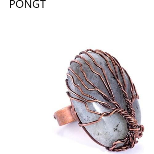 Natural Labradorite stone ring for women men Vintage Wire Wrapped tree of life Adjustable ring healing stone Jewelry hot sale