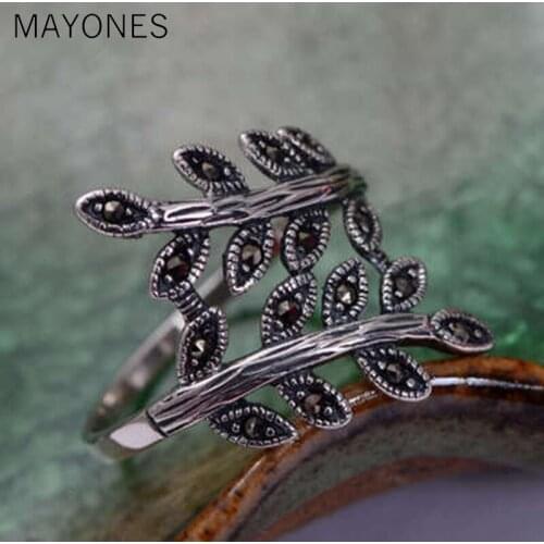 MAYONES Retro Personality Fashion 925 Sterling Silver Jewelry Tree Leaf Simple Temperament Feather Thai Silver Opening Rings