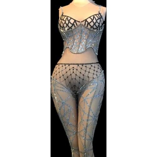 Women Sexy Stage Jumpsuit Sleeveless Skin Color Sparkling Crystals Bodysuit Nightclub Party Stage Wear Performance Dance Costume