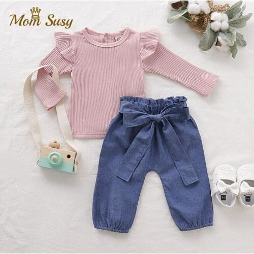 Baby Girl Clothes Set Cotton Newborn Infant Girls Ribed Shirt+Denim Pant 2PCS Bodysuit Spring Autumn Long Sleeve Clothing Outfit