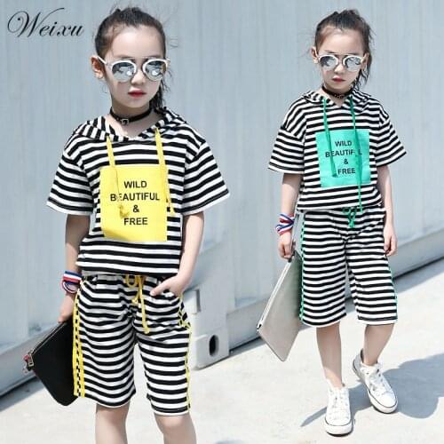 Summer Baby Girl Clothing Set Striped Hooded Top Shirt + Short Sport Suits Clothes for Teenager Girls 3 4 6 8 10 12 14 Years Old