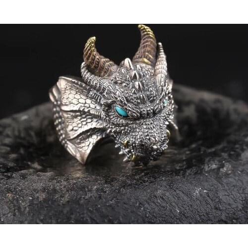 Real 925 STERLING SILVER dragon head Mens punk handmade Jewelry Ring A4869