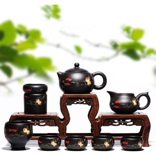 Yixing genuine purple clay pot set Handmade Shih Tzu Pot Kung Fu Teapot Purple Clay Tea Set Gift 7 piece set