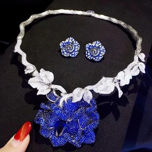 Bridal jewelry sets 925 sterling silver with cubic zircon flower necklace and stud earring wedding fine women jewelry blue