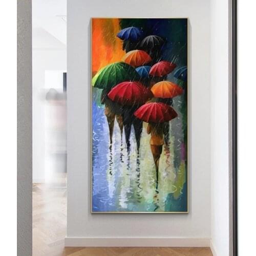 Rainbow Umbrella In Rainy Night Posters and Prints Wall Art Canvas Painting Nordic Abstract Picture for Living Home Decoration