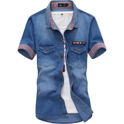 2021 Tiled Summer Denim Short Sleeve Shirt Youth Casual Slim Shirt Student mens shirts