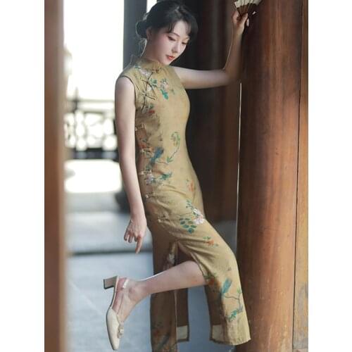2021 Summer New Womens Chinese Style Retro Art Sleeveless Half High Neck Printed Side Split Mid-length Dress
