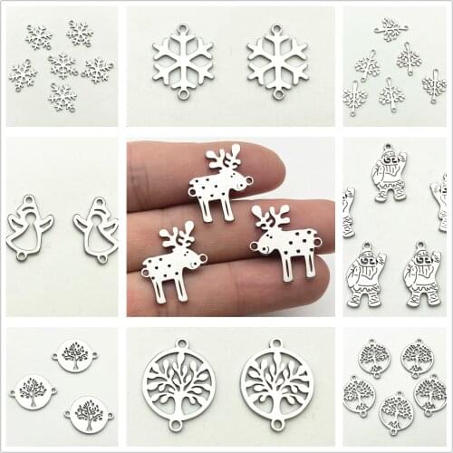 Christmas elk Mix Snowflake Charms Big Xmas Tree Connector 5pcs Stainless Steel Fit Jewel Connectors Handmade Diy Jewelry Make