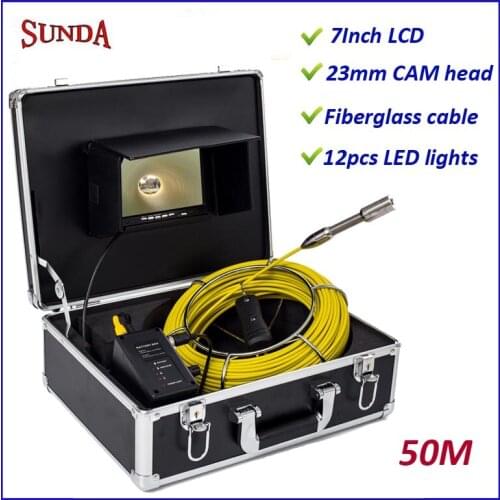 50meter cable Snake industrial endoscope camera 23mm camera head 7"color LCD Fiberglass rod rechargeable battery DC12V
