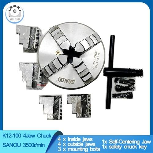Chuck SANOU K12-100 100mm 4'' inch Self Centering 4 Jaw Lathe Hardened Reversible Mounting Tool for Drilling Milling woodworking