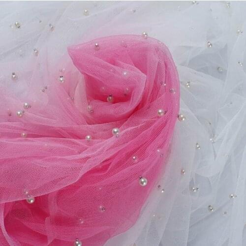 Artificial Pearls Beading Ombre Mesh Net Fabric for Wedding Dress Cloth Soft Tulle Party Decoration 150cm Wide By Yard