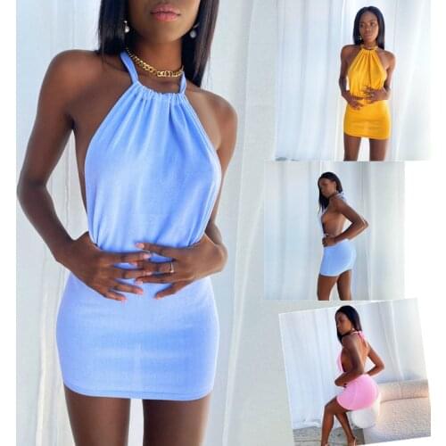 SKMY 2021 Summer New Hanging Neck Plain Weave Dress Net Red Exquisite Sexy Hollow Halter Lace Dress Elastic Waist Bag Hip Female