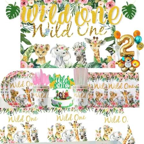 Party Decorations Pink Wild One Birthday Tableware Party Supplies Safari Jungle Animal Dinnerware Sets Girls First 1st Plates