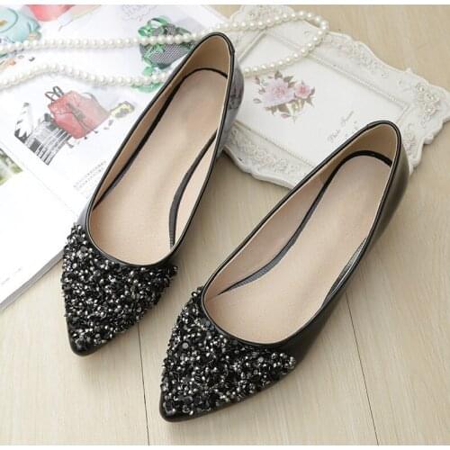 Spring Fashion Black Women Ballet Shoes PU Pointed Toe Loafers Bling Rhinestone Flats Shoes Princess Shiny Crystal Wedding Shoes