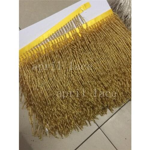Yy007-1# 10 yards /bag gold 9 cm width tube beads ribbon fringe tassel for fashion designer/sawing /dress decoration