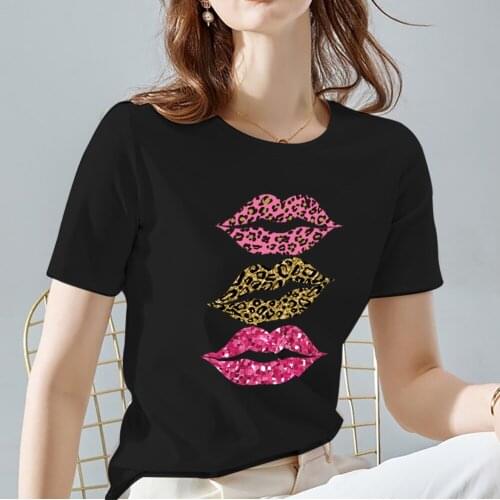 Women Tshirt Lady Black All-Match O-Neck Tops Vogue Sexy Lips Print Pattern Series Short Sleeve Tee Woman Clothes,Drop Shipping