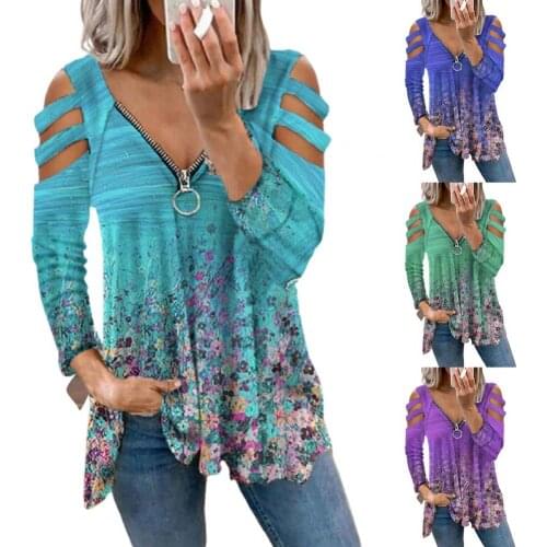 Women Fashion T-shirt Small Floral Print V Neck Autumn Zipper Off Shoulder Loose Blouse for Dating Daily Streetwear