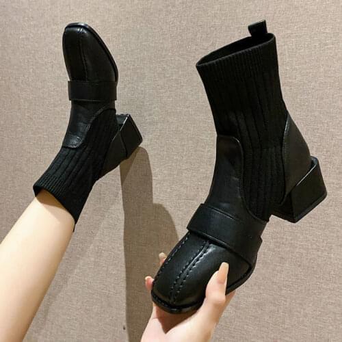 INS Hot Womens Sexy High Heels Socks Boots Autumn Winter Fashion Knitted Stretch Boots Women Black Ankle Sock Boots