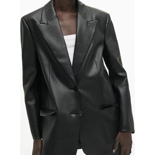 Office Style Long Faux Leather Blazers for Women Single Breasted Female Pu Leather Jackets Turn Down Collar Jackets with Pockets