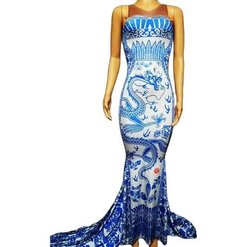 Backless Tight Stretch Long Tailing Dresses Blue And White Porcelain Print Sleeveless Women Dresses Chinese Style Costume