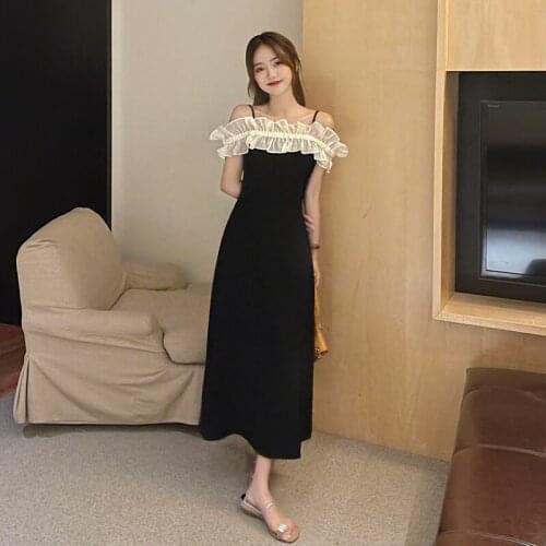 Womens One-line Neck Ruffled Mesh Sling Dress Womens Summer New Style Korean Mid-length Skirt