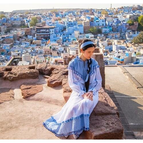 Autumn 2020 Spring Women Vintage Elegant 100%Cotton Maxi Ladies Retro Casual Plaid Fringe Long White Dress sukienki elbise