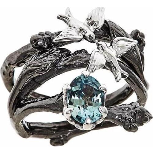 Size 5-10 Vintage Black Gun Plated Tree Two Birds Singing Ring For Women With Oval Light Blue Stone Fruit