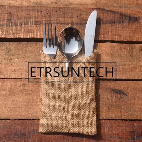 120pcs Rustic European Country Wedding Table Silverware Holder Jute Bags Natural Burlap Cutlery Pockets Knife&Fork Pockets