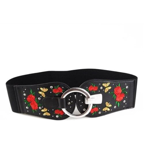 2020 Retro Extra Wide Embroidered Flower Decoration Elastic Belts for Women Girdle Ethnic Style Simple Personality Belts