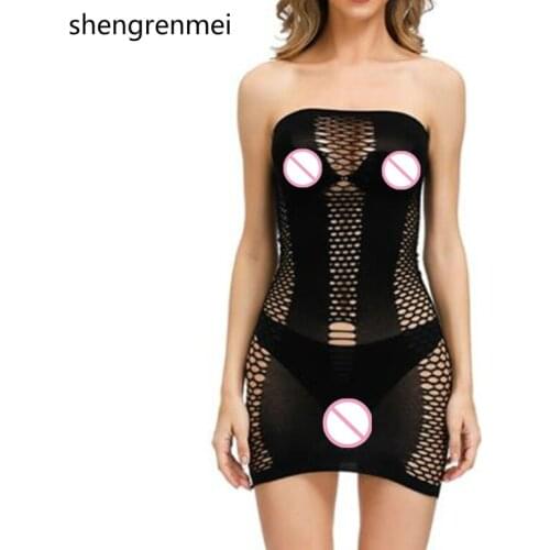 Shengrenmei Fishnet Sleepwear Sleeveless Dress Sexy Lingerie Grace Women Porn Nightgown Exotic Babydolls Female Hollow Underwear