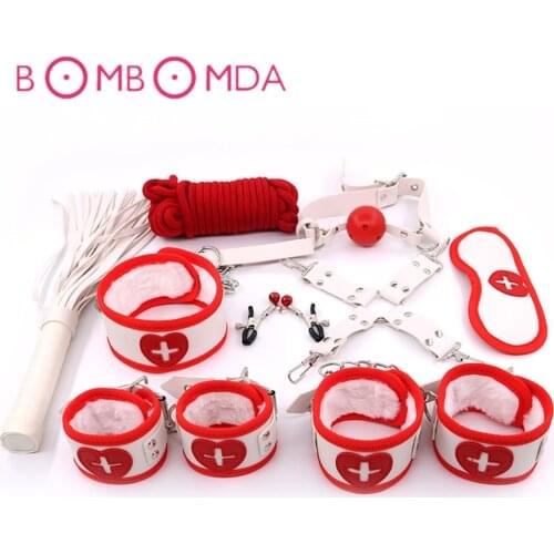 BDSM Sex Bondage Toys 9 Pcs/set For Couples Handcuffs Nipple Clamps Spanking Lash Soft Leather Plush Bodage Slave Flirt Sex Game
