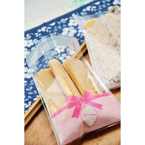 Free shipping pink lace bow FOR YOU decoration cookie candy dessert bag plastic self adhesive packing bags party supply favors