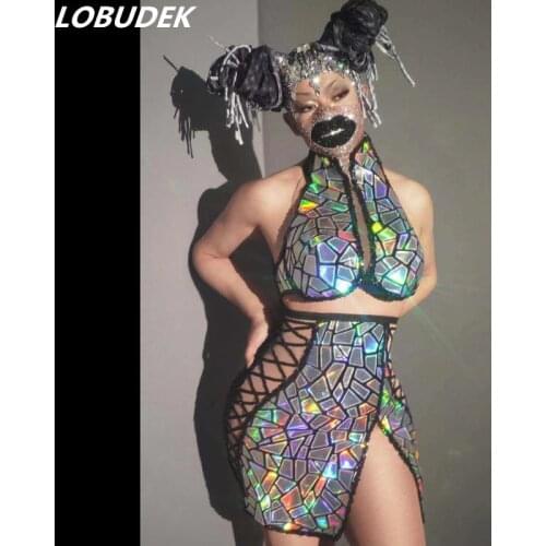 Shining AB Colors Sequins Dress Women Sexy Hollow Out Bandage 2-Pieces Set Nightclub Party Show Singer Dancer Sexy Stage Costume