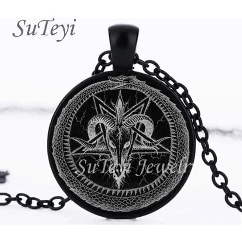 Fashion Inverted Pentagram Goat Pan God Skull Head Pendant Necklace Satanism Metal vintage star statement Glass Jewelry