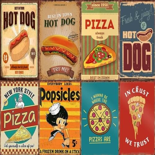 Pizza Hot Dog Sandwich Metal Tin Sign Funny Vintage Metal Plaque Food Home Decor Retro Poster Kitchen Bar Pub Club Wall Sticker