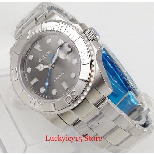 BLIGER Luxury Grey Self Winding Men Watch Sapphire Crystal Date Window Mental Bracelet MIYOTA Movement