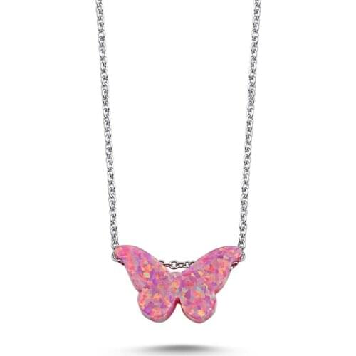 Silverlina Silver Pink Opal Butterfly Necklace